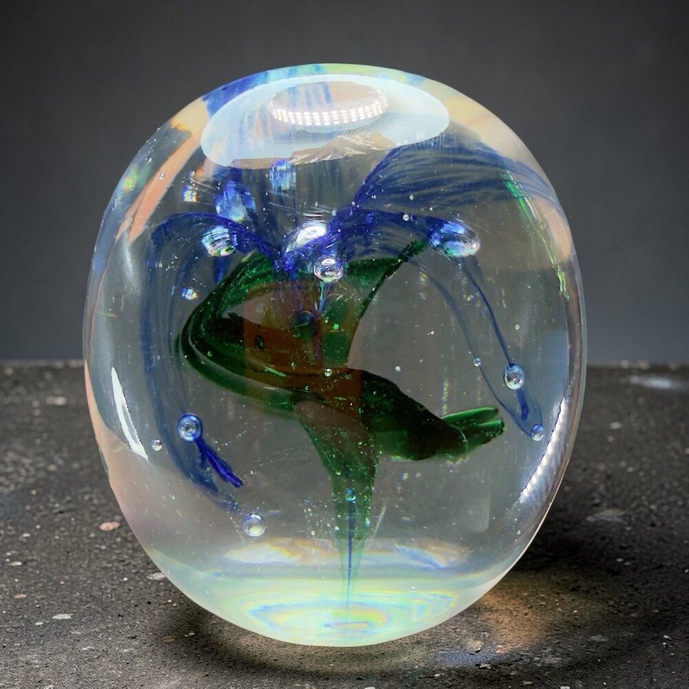 Jerpoint Glass Studio Paperweight Orb Blue Green Abstract Swirl With Sticker VTG